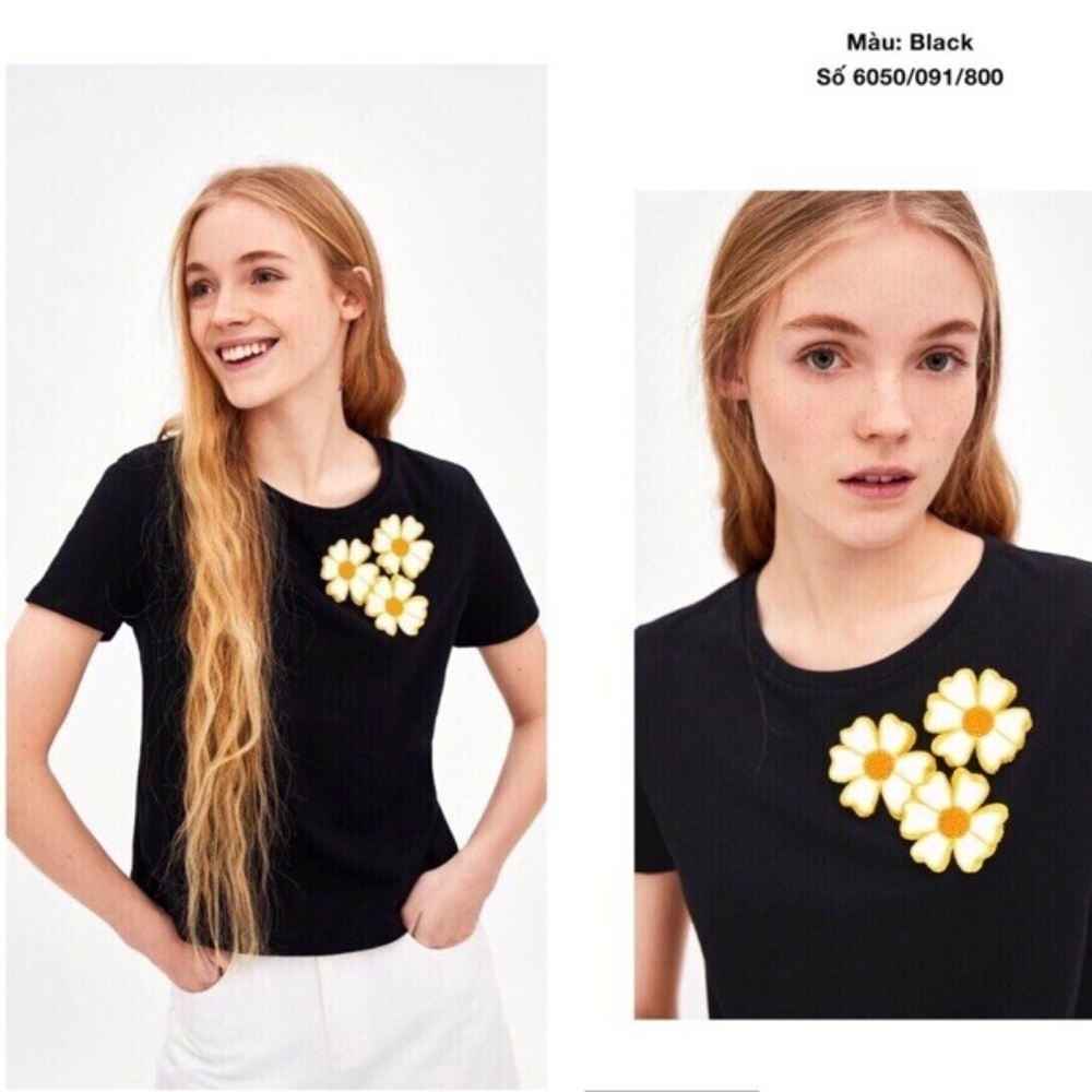 Zara Discontinued 100% Cotton Floral APPLIQUÉ T-Shirt Top